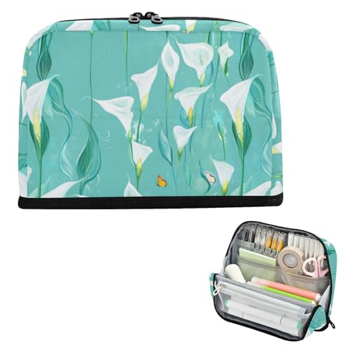 EtherSpher Chic Calla Lilie Federmäppchen mit türkisfarbenen Blumen, großes Fassungsvermögen, Make-up-Tasche, großer Schreibtisch-Organizer für Jungen, elementare estuche para lapices de nino von EtherSpher