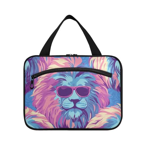 EtherSpher Cooler Reise-Make-up-Organizer mit Haken, niedlicher Designer-Toilettenartikel-Organizer für Väter, Reisen, Bolso de Maquillaje Para Mujer L, Cooler blau-violetter Löwe, Large von EtherSpher