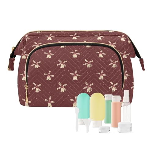 EtherSpher Dänische Make-up-Tasche mit Windmühlen-Motiv, Dunkelrot, für Urlaub, Kosmetik, Make-up-Tasche, Damen, Münzbörse für Karten, Schlüssel, Organizer, Windmühle Danish DarkRed Holiday, 1 size von EtherSpher