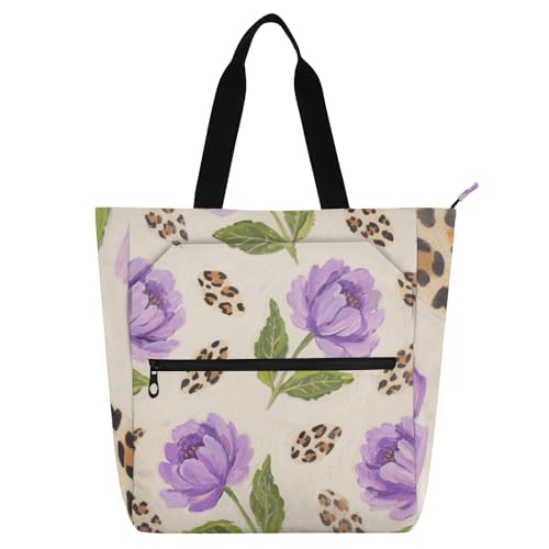 EtherSpher Dekorative Büchertasche für Jungen und Mädchen, Erwachsene, brauner Leopardenmuster, Blumen, wasserdicht, Bibliotheksbuchtasche, Handtasche mit Reißverschlusstaschen, für Schule, Einkaufen von EtherSpher