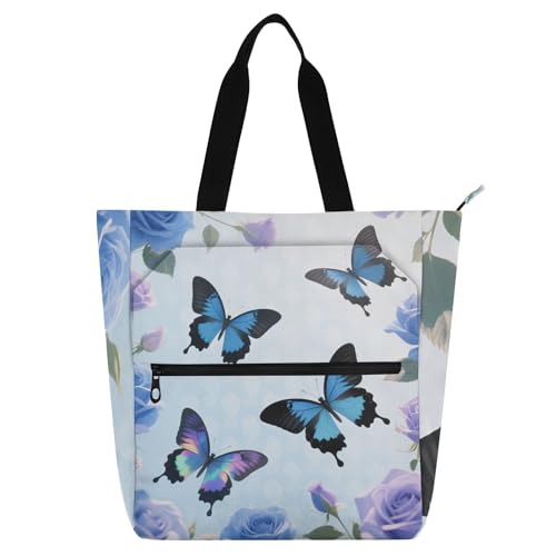 EtherSpher Dekorative Kinderbuch-Tragetasche für Kinder, Damen, Herren, blau-violett, Rose, Schmetterling, leicht, Bibliothek, Büchertasche, Schultertasche mit Reißverschluss, für College, Shopping EtherSpher Dekorative Kinderbuch-Tragetasche für Kinder, Damen, Herren, blau-violett, Rose, Schmetterling, leicht, Bibliothek, Büchertasche, Schultertasche mit Reißverschluss, für College, Shopping von EtherSpher