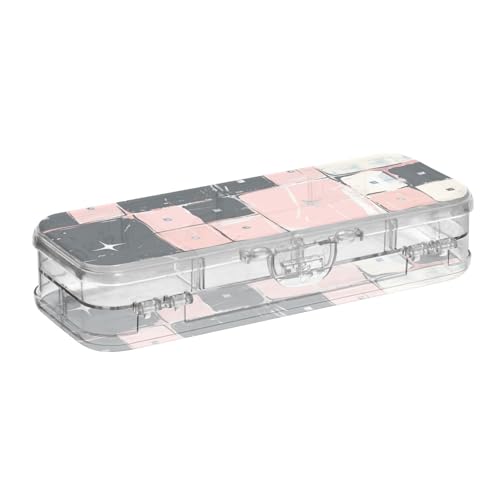 EtherSpher Ein nahtloses Muster von Rouge und Liwhite Squares entworfene Kunststoff-Federbox durchsichtig doppelstöckiges transparentes Hartschalenetui für Kinder mit Schnappverschluss und Deckel von EtherSpher