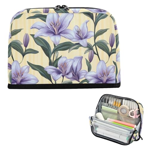 EtherSpher Federmäppchen mit hellvioletten Lilien, hellgelben Streifen, großes Fassungsvermögen, Make-up-Tasche mit Reißverschluss, Schreibwaren-Organizer für adrette Kosmetika, Bolsa para lapices de EtherSpher Federmäppchen mit hellvioletten Lilien, hellgelben Streifen, großes Fassungsvermögen, Make-up-Tasche mit Reißverschluss, Schreibwaren-Organizer für adrette Kosmetika, Bolsa para lapices de von EtherSpher