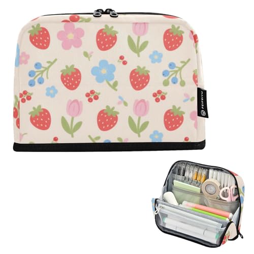 EtherSpher Federmäppchen mit schönem roten Erdbeerblumen, großes Fassungsvermögen, Make-up-Tasche, stabiler Schreibwaren-Organizer für Teenager, Schulbedarf, cartucheras para mujer von EtherSpher
