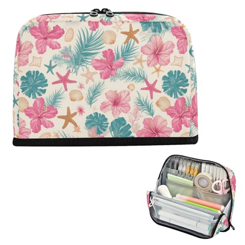 EtherSpher Federmäppchen mit tropischen Blättern, rosa Hibiskusblumen, Seestern, hawaiianischer Stil, großes Fassungsvermögen, robuste Mehrzweck-Tasche für Teenager, Elementarstufe, Para Lapices von EtherSpher