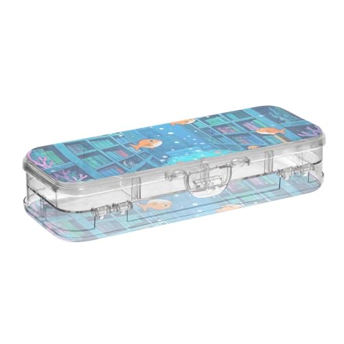 EtherSpher Funny Ocean Bibliotheksbuch Fisch Blau gestaltetes transparentes Stiftebox Doppelschicht Bleistiftbehälter für Handwerk Kunst mit Deckel von EtherSpher