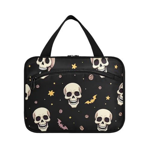 EtherSpher Halloween Kosmetiktasche mit weißen Totenköpfen und gelben Sternen, hängende Kosmetiktasche für Damen, mit Haken, Designer-Make-up-Tasche für Herren, Rucksackreisen, Bolsa de Maquillaje von EtherSpher