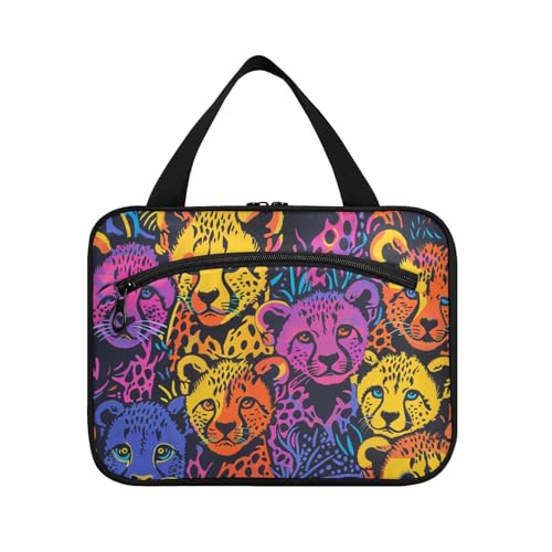 EtherSpher Happy Rainbow Cheetah Cubs Kulturbeutel zum Aufhängen für Damen mit Haken, tragbare Designer-Medizintasche für Damen, Hotel, Bolsa de Maquillaje Para Mujer, L, Happy Rainbow Cheetah Cubs von EtherSpher