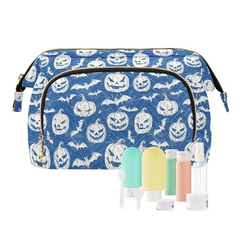 EtherSpher Klare Linien Fledermäuse Kürbisse Vintage Halloween Make-up-Tasche Tragbare Make-up-Tasche mit Griff Damen Münzbörse für Make-up-Pinsel, Klare Linien Fledermäuse Kürbisse Vintage Halloween, von EtherSpher