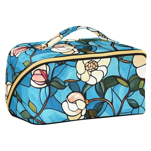 EtherSpher Kosmetiktasche aus Buntglas, mit Fächern und Griff, Motiv: blühende Rose, mit Trennwänden, tragbare Make-up-Tasche für Damen von EtherSpher