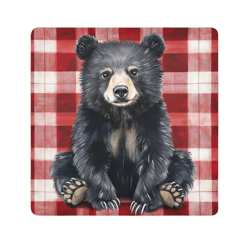 EtherSpher Kosmetiktasche mit Brillenträger-Bär und rotem Büffelkaro, Reise-Kosmetiktasche, schützende Make-up-Tasche, Organizer, 55 x 55 cm, Wickeltasche für Damen, Schwarzer Brillenbär, rotes von EtherSpher