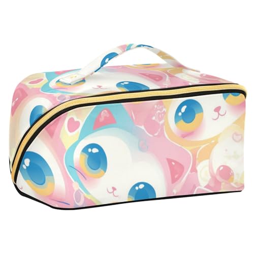 EtherSpher Kosmetiktasche mit Fächern und Griff, Cartoon-Katzen-Design, große Reise-Kosmetiktasche für Damen, mit Fächern und Griff von EtherSpher