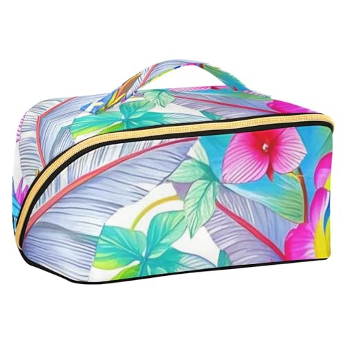 EtherSpher Kosmetiktasche mit Fächern und Griff, Motiv: bunte tropische Papageienblumen, mit Trennwänden, tragbare Kulturtasche für Damen von EtherSpher