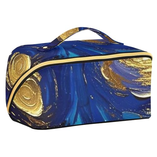 EtherSpher Kosmetiktasche mit Trennwänden, Motiv: Ölgemälde, abstraktes Design, Blau und Gold, Kosmetiktasche für Damen, vertikal, freistehend von EtherSpher
