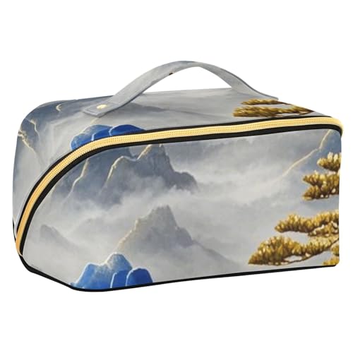 EtherSpher Kosmetiktasche mit Trennwänden, chinesisches Landschaftsdesign, Blau und Gold, Kulturbeutel für Damen, vertikal, freistehend von EtherSpher