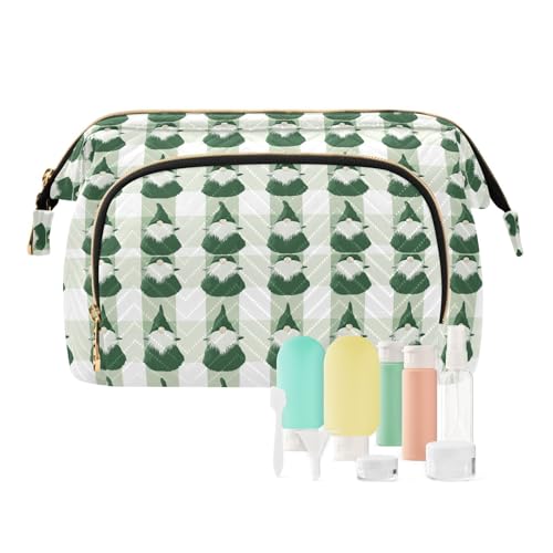 EtherSpher Kosmetiktasche mit grünem Zwerg, Büffelkaro, tragbar, Kosmetiktasche, Reisetasche, für Damen, Münzbörse für Toilettenartikel, Reise-Set, Grüner Zwerg Büffelkaro Weihnachten, 1 size von EtherSpher