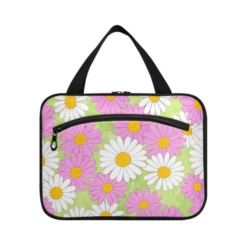 EtherSpher Kosmetiktasche mit hübschem Gänseblümchen-Blumenmuster, Pfirsichweiß, hängende Reise-Kosmetiktasche mit Haken, Designer-Make-up-Tasche, Organizer für Reisen, Muss für Rucksackreisen von EtherSpher