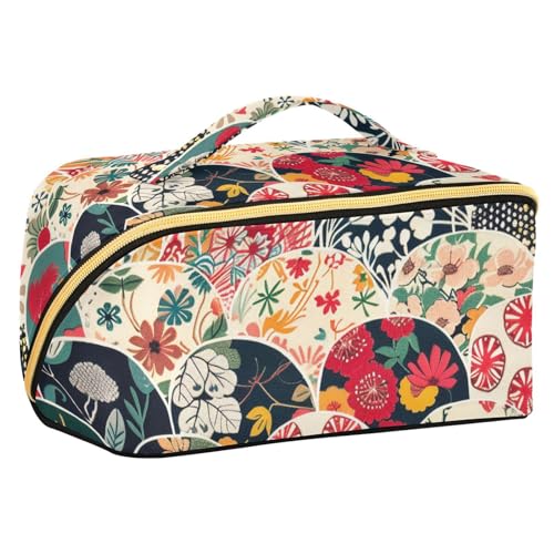 EtherSpher Kulturbeutel im japanischen Stil mit Fächermuster, mit Trennwänden, tragbare Make-up-Tasche für Damen, Reisegröße, Zubehör von EtherSpher