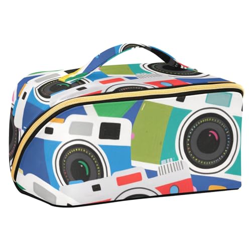 EtherSpher Kulturbeutel mit Cartoon-Kamera, niedliches Design, mit Trennwänden, Kosmetiktasche für Damen, vertikal, freistehend von EtherSpher