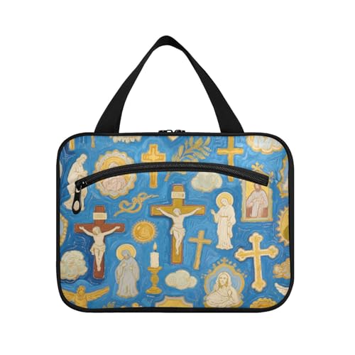 EtherSpher Kulturbeutel mit Öl-Gemälde, Kirche, Blau, zum Aufhängen, für Damen, mit Haken, Designer-Uni-Rasierset für Reisen, Reisen, Bolso Para Maquillaje L, Kunst-Ölgemälde Kirche blau, Large von EtherSpher