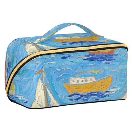 EtherSpher Kulturbeutel mit Trennwänden, Reißverschluss, vertikal, freistehend, mit Ölgemälde, Motiv: Blaues Boot von EtherSpher