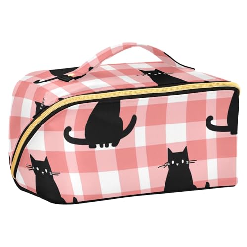 EtherSpher Kulturbeutel mit Trennwänden, kariertes und schwarzes Katzen-Design, stilvolle Make-up-Tasche für Damen, mit Fächern und Griff von EtherSpher