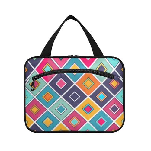 EtherSpher Kulturbeutel mit geometrischem buntem Karomuster für Herren, mit Haken, tragbare Designer-Tasche mit Fächern für Reisende, Urlaub, Bolso Para Maquillaje L, Geometrische bunte Karomuster von EtherSpher
