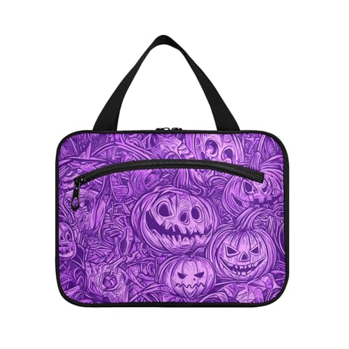 EtherSpher Lila Halloween Evil Pumpkin hängende Kulturtasche für Männer Reise mit Haken Designer kompakte Kulturtasche für Reisen Muss Toilette Maletín para maquillaje L, Violetter Halloween-Kürbis von EtherSpher