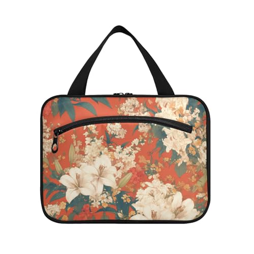 EtherSpher Lilienblumen, orangefarbener Hintergrund, japanischer Holzblockdruck, Hängetaschen für Damen, wasserdicht, mit Haken, Designer-Mode-Hautpflege-Tasche für Reisende, Kreuzfahrten, Bolsas para von EtherSpher