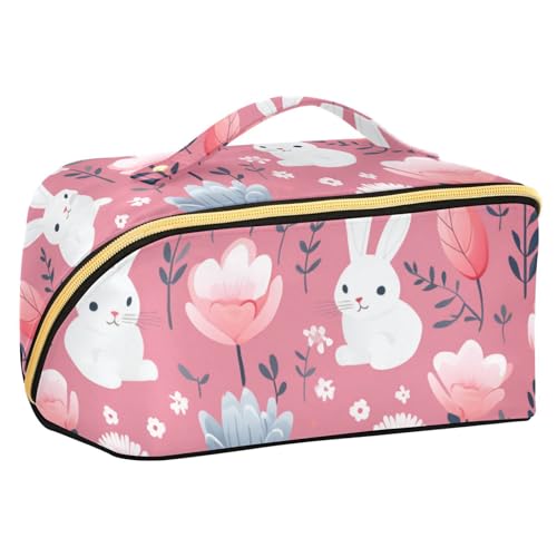 EtherSpher Make-up-Tasche mit Fächern und Griff, Motiv: niedliches weißes Kaninchen, mit Trennwänden, große Make-up-Tasche für Damen von EtherSpher