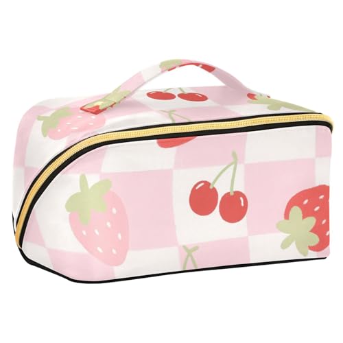 EtherSpher Make-up-Tasche mit Trennwänden, tragbar, für Damen, Reisegröße, Rot mit Erdbeeren von EtherSpher