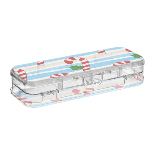 EtherSpher Merry Christmas Federmäppchen mit Zuckerstangen-Motiv, transparent, Kunststoff, doppelstöckig, für Schreibwaren, mit Schnappdeckel von EtherSpher