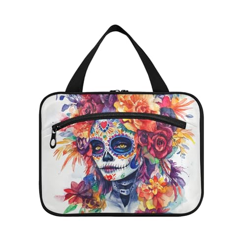 EtherSpher Mexikanischer Tag der Toten Schöne Dame hängende Kulturbeutel für Männer Reise mit Haken, Designer faltbare Rasiertasche für Männer für Reisezubehör Reise Bolsos Para Hombre L von EtherSpher