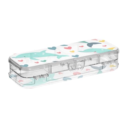 EtherSpher Niedliche, bunte Delfine und Herzen entworfene, transparente Stiftebox mit doppelstöckigem Deckel, für Kinder von EtherSpher