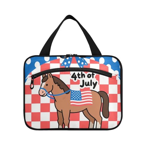 EtherSpher Niedliches braunes Pferd 4. Juli Unabhängigkeitstag Hängeset für Männer Reisen mit Haken, Designer-schicke Tasche mit Fächern für Damen, Reisebolsos Para Hombre L, Süßes braunes Pferd 4 von EtherSpher