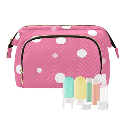 EtherSpher Pfirsich-Hintergrund mit weißen Punkten, Make-up-Tasche, tragbare Make-up-Tasche für Damen, Schmuck für Kosmetik, Toilettenartikel, Pfirsichfarbener Hintergrund mit weißen Punkten, 1 size von EtherSpher