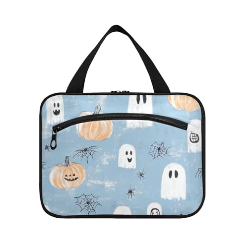 EtherSpher Pumpkins Web Ghosts Toilettenartikel für Herren mit Haken, multifunktionale Designer-Tasche für Toilettenartikel für wichtige Dinge für Damen, Urlaub, Maleta para maquillaje L, Babyblau von EtherSpher