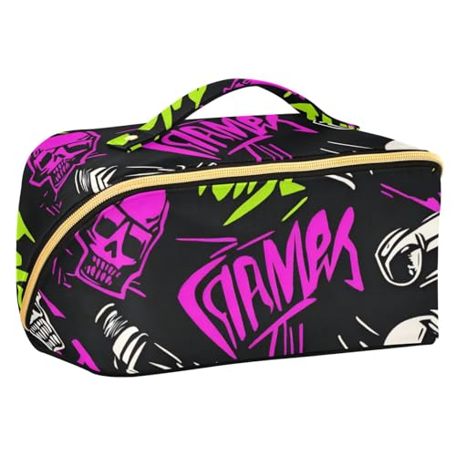 EtherSpher Punk Peach Black Skulls Rock Design Kulturbeutel mit Trennwänden Essentials Kosmetiktasche für Damen mit Fächern und Griff von EtherSpher