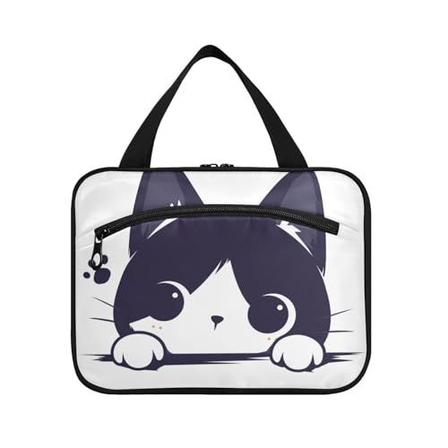 EtherSpher Reise-Kulturbeutel mit niedlicher weißer lustiger Katze, zum Aufhängen, mit Haken, wasserdicht, gesteppt, Make-up-Tasche für Damen, Toilette, Größe L, Niedliche weiße lustige Katze, Large von EtherSpher