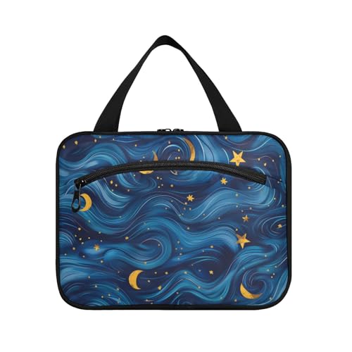 EtherSpher Reise-Make-up-Organizer mit Haken, blaue Wellen und gelbe Sterne bei Nacht, niedliche Designer-Tasche für Make-up für Reisende, Bolsos Para Hombre L, Blaue Wellen und gelbe Sterne bei Nacht von EtherSpher