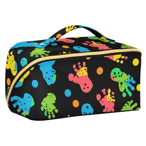 EtherSpher Reisetasche mit bunten Fußabdrücken und Trennwänden, wasserdicht, Make-up-Tasche für Damen, vertikal, freistehend von EtherSpher