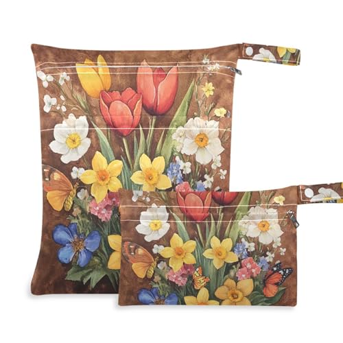 EtherSpher Retro-Blumen mit braunem Ölgemälde, mit Reißverschluss, 2 Stück, Reiseutensilien zum Fliegen, mit Griffen für Pool, Baden von EtherSpher