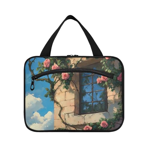 EtherSpher Roses Climbed Wall Art Hängende Herren-Kulturbeutel mit Haken, Designer-Make-up-Tasche für Reisen, Make-up, Reisen, Bolsa de Maquillaje para mujer L, Wandschmuck mit Rosen, Large von EtherSpher