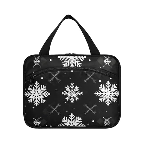 EtherSpher Schwarze Braut-Kosmetiktasche für Damen, Büffelkariert, Schneeflocken, Frohe Weihnachten, hängende Kosmetiktasche für Damen, mit Haken, Designer-Fashion-Tasche für Herren, für Reisen von EtherSpher
