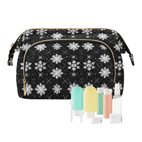 EtherSpher Schwarze Kosmetiktasche für Damen, Büffelkariert, Schneeflocken, Weihnachten, tragbare Make-up-Tasche für Damen, Geldtasche für Make-up, Kosmetik, Schwarze Schneeflocken für die Braut, von EtherSpher