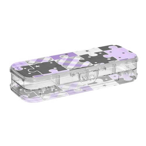 EtherSpher Schwarze und violette kreative Stiftebox mit Puzzle-Karomuster, Kunststoff, 2-lagig, harte Boxen für die Schule mit Schnappdeckel von EtherSpher