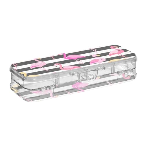 EtherSpher Stiftebox aus Kunststoff, 2-lagig, mit Schnappverschluss, Schwarz und Weiß gestreift, Flamingo-Design von EtherSpher
