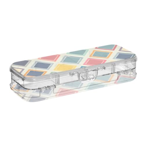 EtherSpher Stiftebox aus Kunststoff, geometrisches buntes Karomuster, transparent, doppelstöckig, für Schreibwaren, mit Deckel von EtherSpher