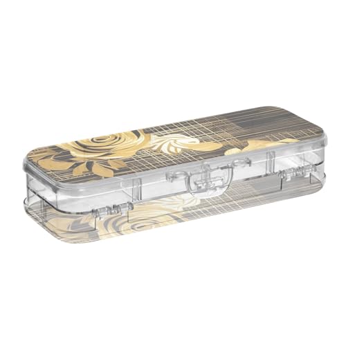 EtherSpher Stiftebox im Boho-Stil mit schwarz-goldenem Rosen-Design, Kunststoff, transparent, doppelstöckig, für Schreibwaren, mit Schnappdeckel von EtherSpher