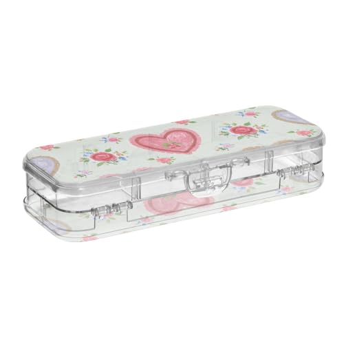 EtherSpher Stiftebox im Retro-Stil mit Herzen, Pfirsichblumen, buntes Design, transparent, 2-lagig, harte Stiftebox für Schreibwaren mit Deckel von EtherSpher